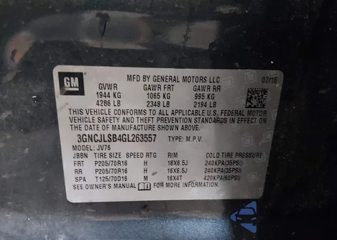 2016 Chevrolet Trax Lt from USA, damaged, VIN 3GNCJLSB4GL263557